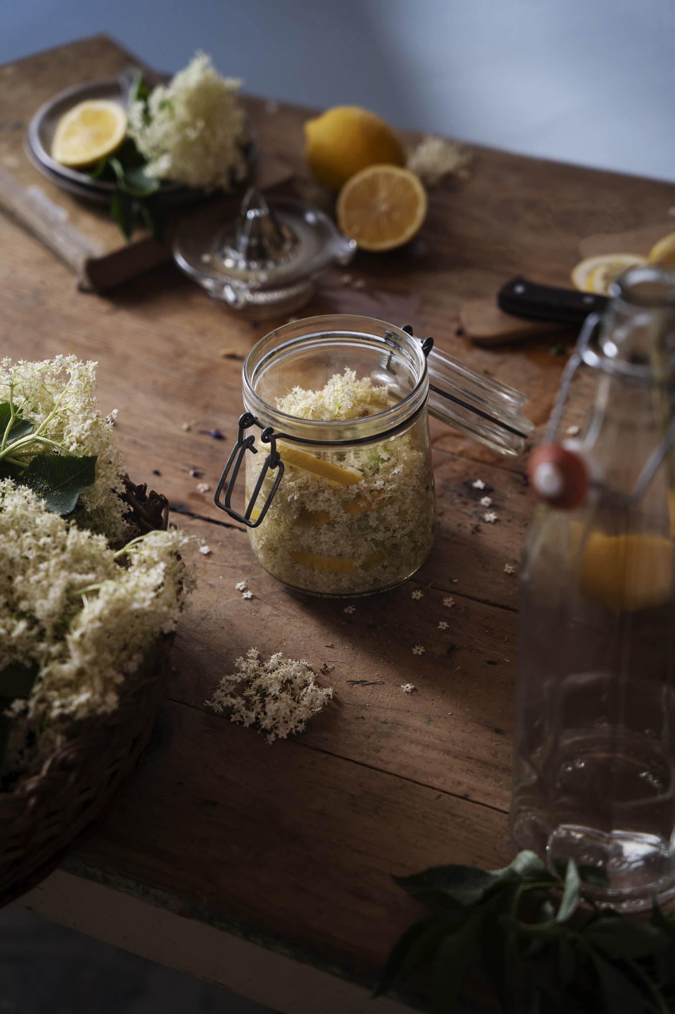 Ingredient still-life: herbs and jars